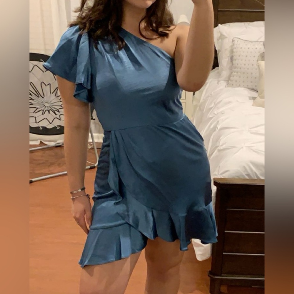 Blue One shoulder satin mini dress